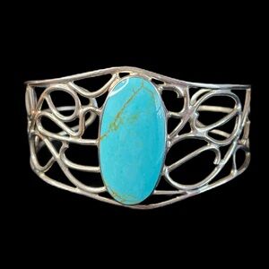 Faux Turquoise Oval Stone Openwork Silver-Toned Cuff